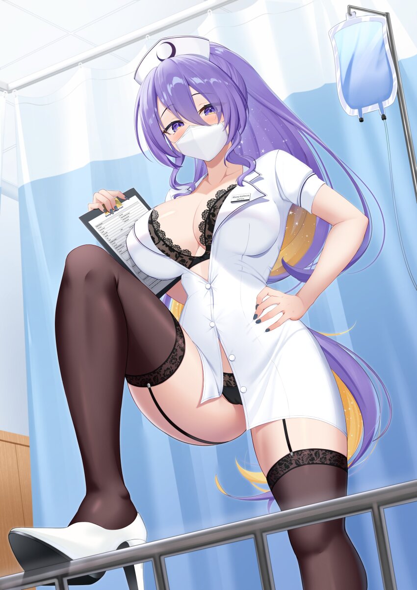 1girl, absurdres, black_bra, black_garter_straps, black_panties, bra, breasts, buttons