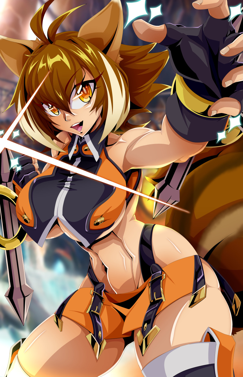 1girl, abs, absurdres, andoryu_anzuru, animal_ears, antenna_hair, black_gloves, blazblue