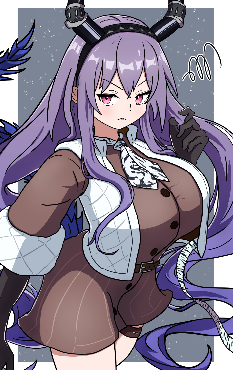 1girl, arknights, black_hairband, black_horns, breasts, fake_horns, gloves, hair_between_eyes