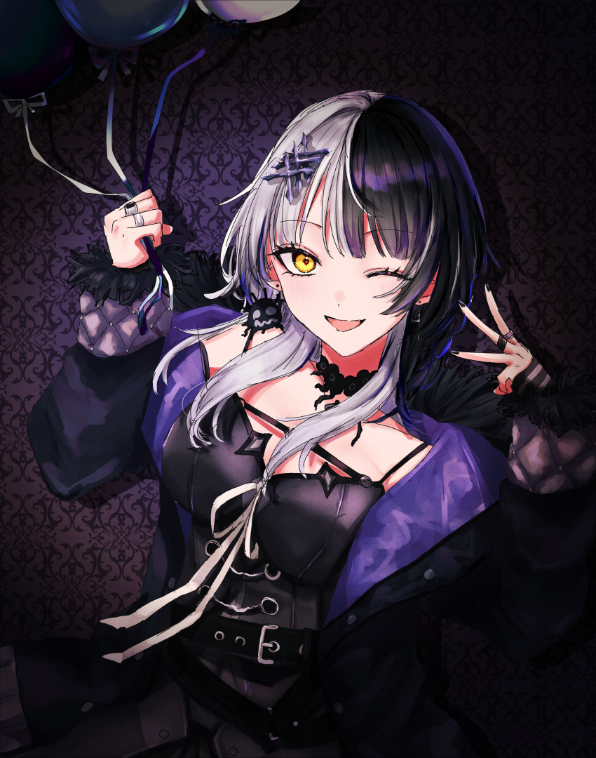1girl, ;d, absurdres, balloon, black_choker, black_coat, black_dress, black_hair, black_nails, breasts, choker, coat, dress, fur-trimmed_coat, fur_trim, grey_hair, hair_ornament, highres, holding, holding_balloon, hololive, hololive_english, jewelry, large_breasts, long_hair, looking_at_viewer, misaki_emiru, multicolored_hair, one_eye_closed, open_mouth, purple_coat, ribbon, ring, shiori_novella, shiori_novella_(1st_costume), smile, solo, split-color_hair, two-sided_coat, two-sided_fabric, two-tone_hair, virtual_youtuber, w, white_ribbon, yellow_eyes, yorick_(shiori_novella)