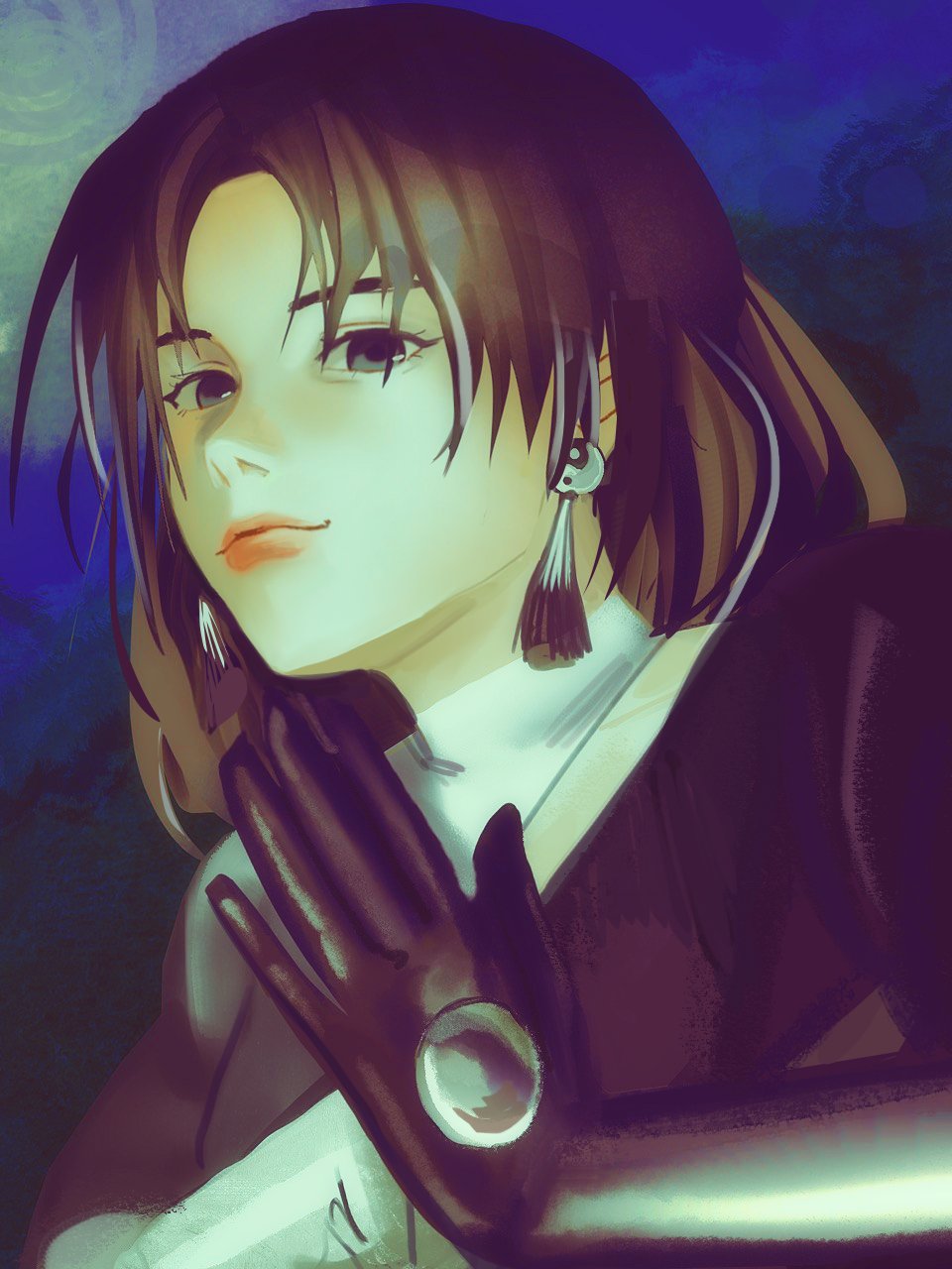 1girl, asymmetrical_dress, asymmetrical_gloves, black_gloves, black_hair, dress, earrings, gloves