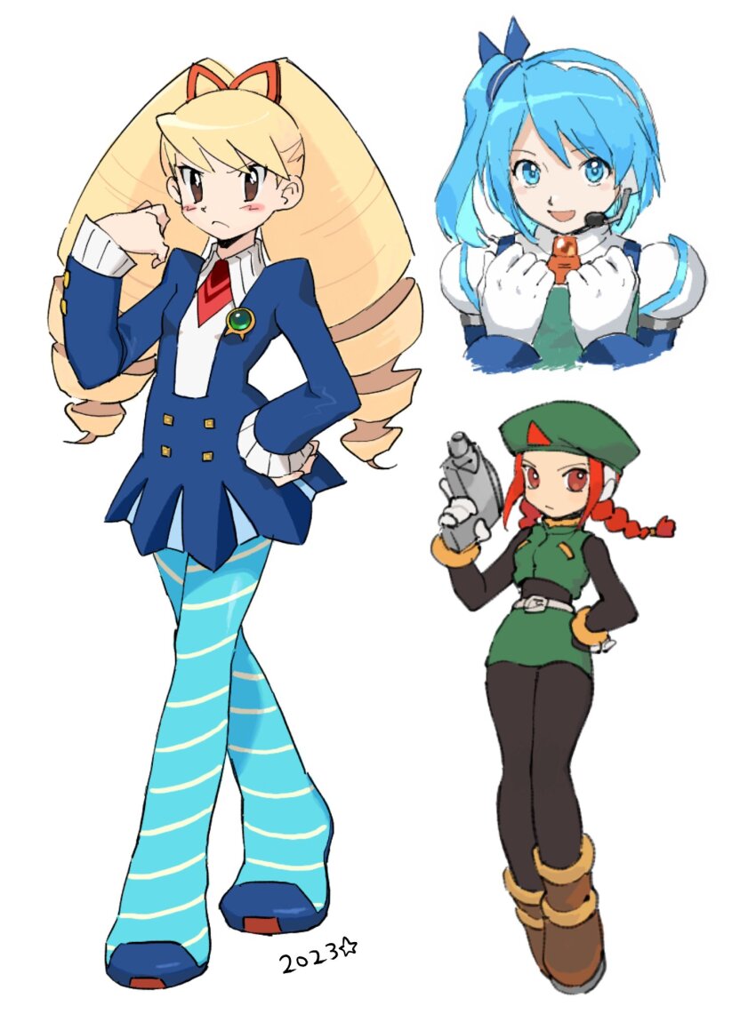 3girls, :d, beret, black_bodysuit, blonde_hair, blue_dress, blue_eyes, blue_hair