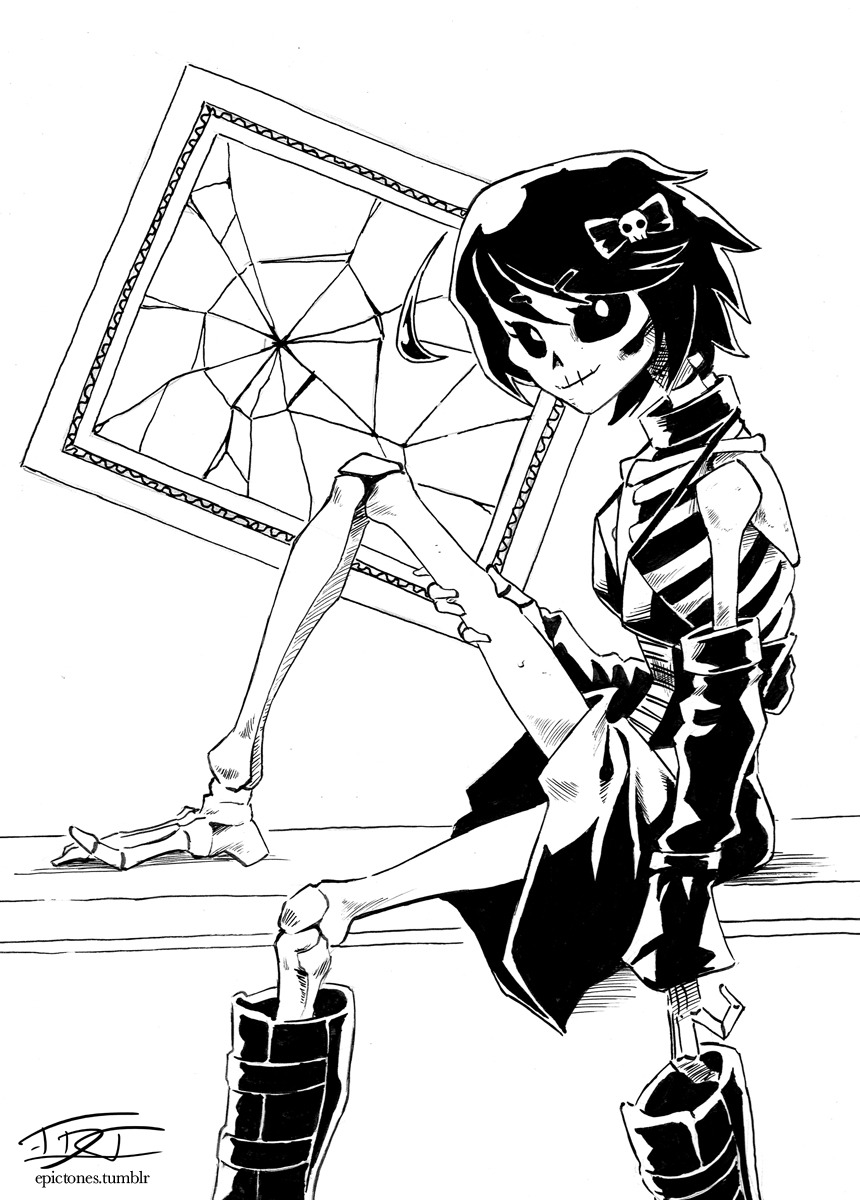 1girl, 2016, 2020, artist_name, bare_shoulders, barefoot, black_hair, black_sclera