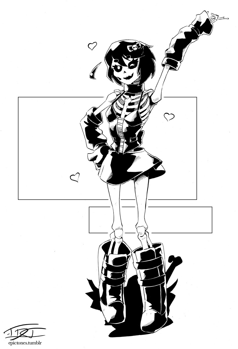 1girl, 2018, arm_up, artist_name, bare_shoulders, black_boots, black_hair, black_sclera