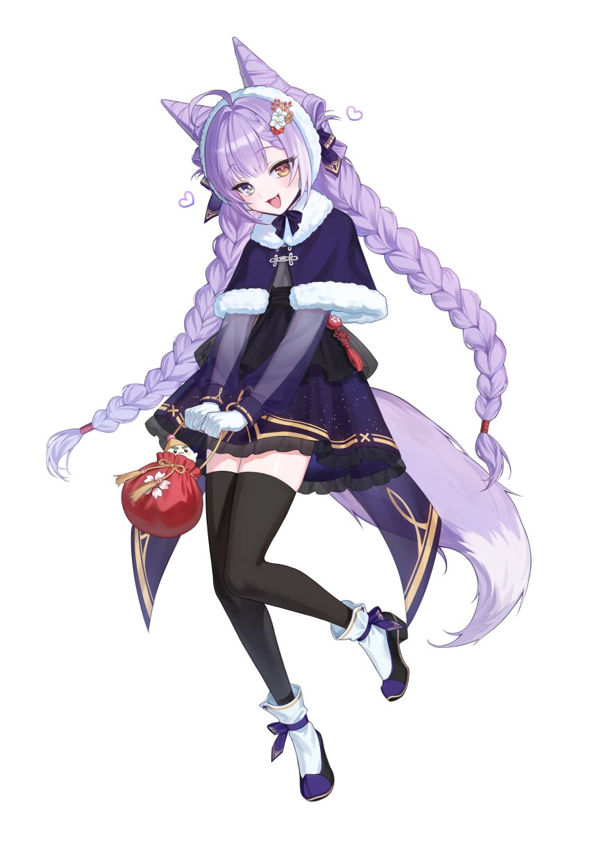 absurdres, bag, black_dress, black_thighhighs, braid, cone_hair_bun, double_bun, dress