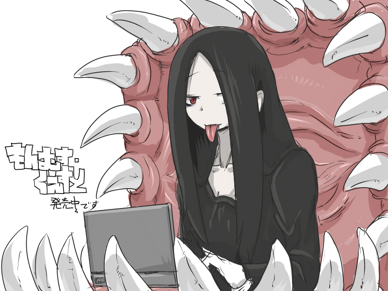 1girl, bags_under_eyes, black_dress, black_hair, computer, dress, female_focus, hair_over_one_eye, laptop, long_hair, long_sidelocks, mimic, mimic_chest, minelli_(mon-musu_quest!), mon-musu_quest!, monster_girl, portable_computer, red_eyes, setouchi_(blackse), sharp_teeth, sidelocks, simple_background, solo, teeth, tongue, tongue_out