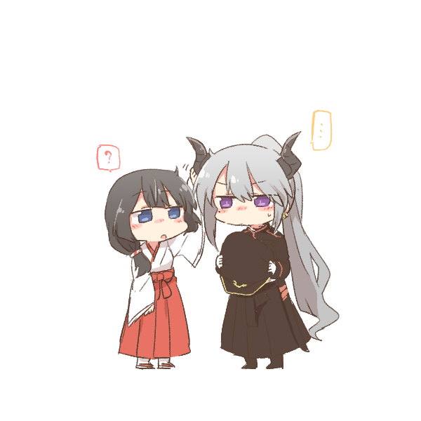 ..., 2girls, :o, ?, arm_up, black_hair, black_hat, black_jacket