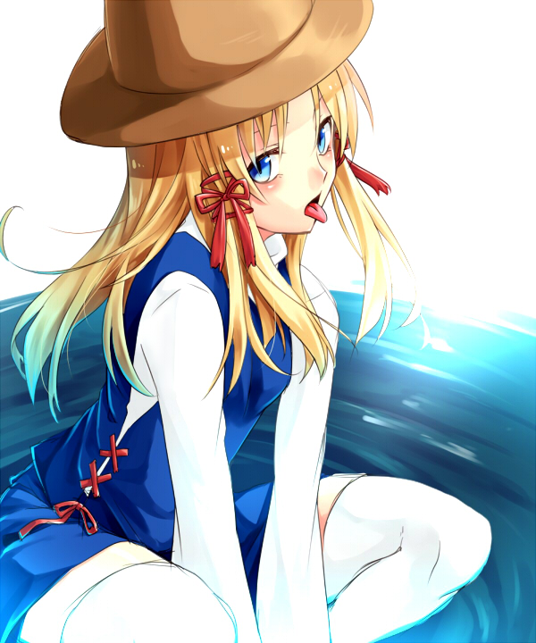 1girl, :p, bad_id, bad_pixiv_id, blonde_hair, blue_eyes, female_focus, hat, long_sleeves, moriya_suwako, ryou_(pixiv779953), ryou_(rmssre3783), short_hair, sitting, solo, thighhighs, tongue, tongue_out, touhou, water, white_thighhighs, zettai_ryouiki