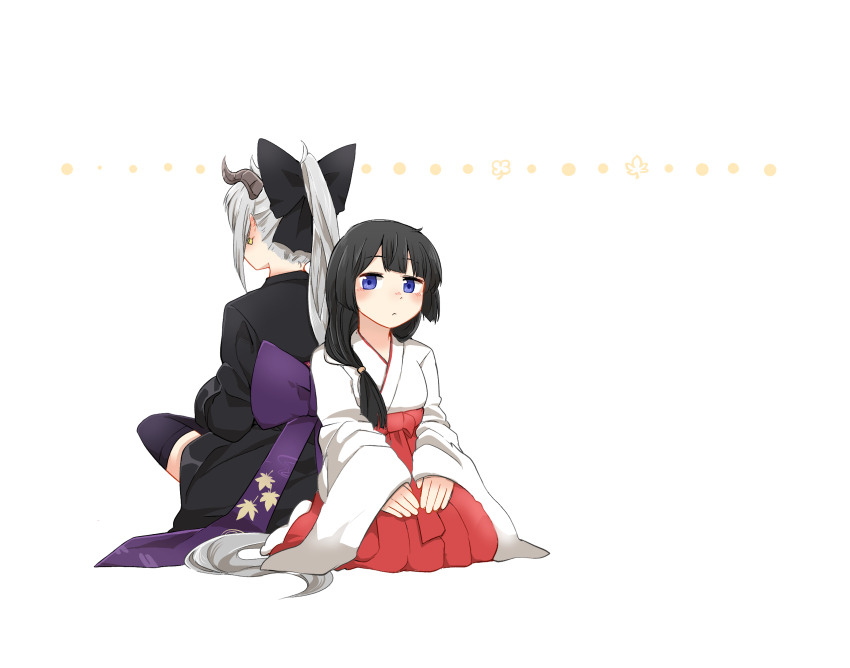 2girls, back-to-back, back_bow, black_hair, black_jacket, black_ribbon, black_skirt, blue_eyes