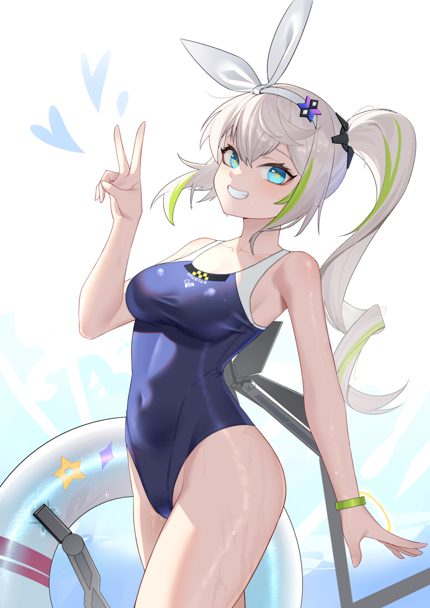 1girl, absurdres, blue_background, blue_eyes, blue_one-piece_swimsuit, bracelet, breasts, chinese_commentary