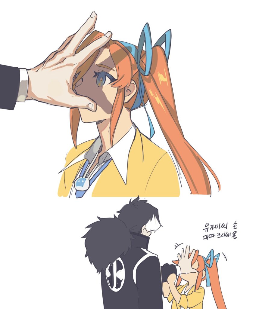 1boy, 1girl, ace_attorney, athena_cykes, black_hair, black_jacket, blue_bow, blue_eyes, bow, damalinya, hair_bow, hand_on_another's_face, highres, jacket, long_hair, multicolored_hair, orange_hair, ponytail, side_ponytail, simon_blackquill, two-tone_hair, upper_body, white_hair, yellow_jacket