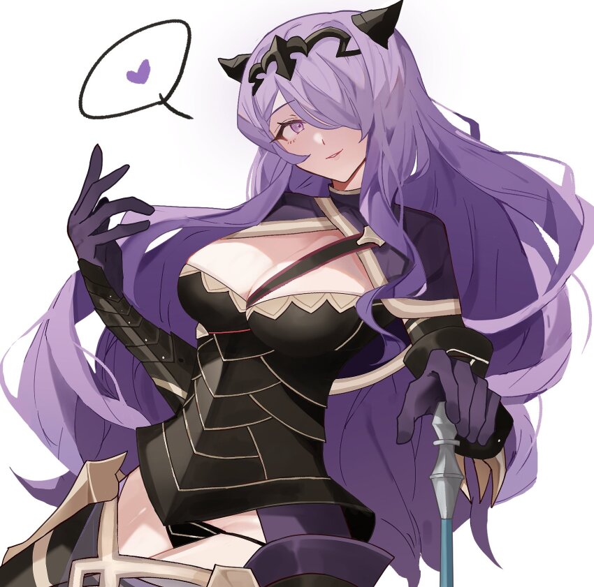 1girl, axe, black_panties, breasts, camilla_(fire_emblem), cleavage, fake_horns, fffera, fire_emblem, fire_emblem_fates, hair_over_one_eye, heart, highres, horns, large_breasts, long_hair, looking_at_viewer, nintendo, panties, parted_lips, purple_eyes, purple_hair, smile, solo, spoken_heart, underwear, white_background