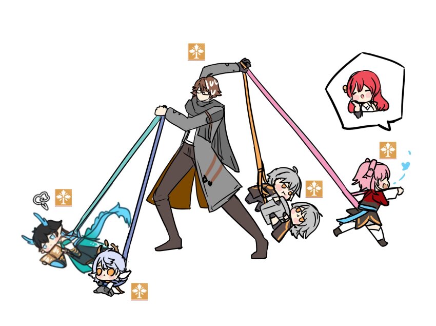 3girls, 4boys, :t, black_hair, blush_stickers, brown_hair, caelus_(honkai:_star_rail), chest_harness, chibi, chinese_clothes, coat, commentary, dan_heng_(honkai:_star_rail), dan_heng_(imbibitor_lunae)_(honkai:_star_rail), dragon_horns, dragon_tail, dual_persona, english_commentary, glasses, gloves, grey_hair, halo, halo_behind_head, harness, highres, himeko_(honkai:_star_rail), holding, holding_leash, honkai:_star_rail, honkai_(series), horns, imaginary_symbol_(honkai:_star_rail), leash, leash_pull, long_hair, long_sleeves, lying, march_7th_(honkai:_star_rail), march_7th_(hunt)_(honkai:_star_rail), meme, multiple_boys, multiple_girls, nervous_sweating, on_side, pink_hair, pun-rii, red_hair, rough_day_for_mom_(meme), running, short_hair, simple_background, single_glove, sitting, standing, stelle_(honkai:_star_rail), sunday_(honkai:_star_rail), sweat, tail, trailblazer_(honkai:_star_rail), trash_can, welt_yang, white_background