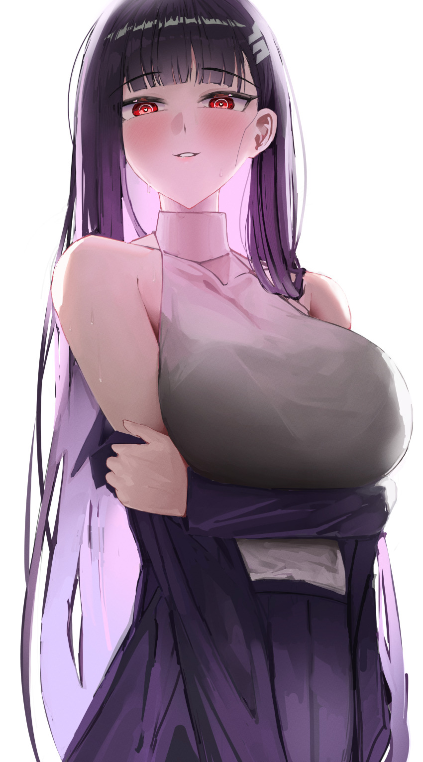 1girl, absurdres, bare_shoulders, black_hair, blue_archive, blush, breasts, grin