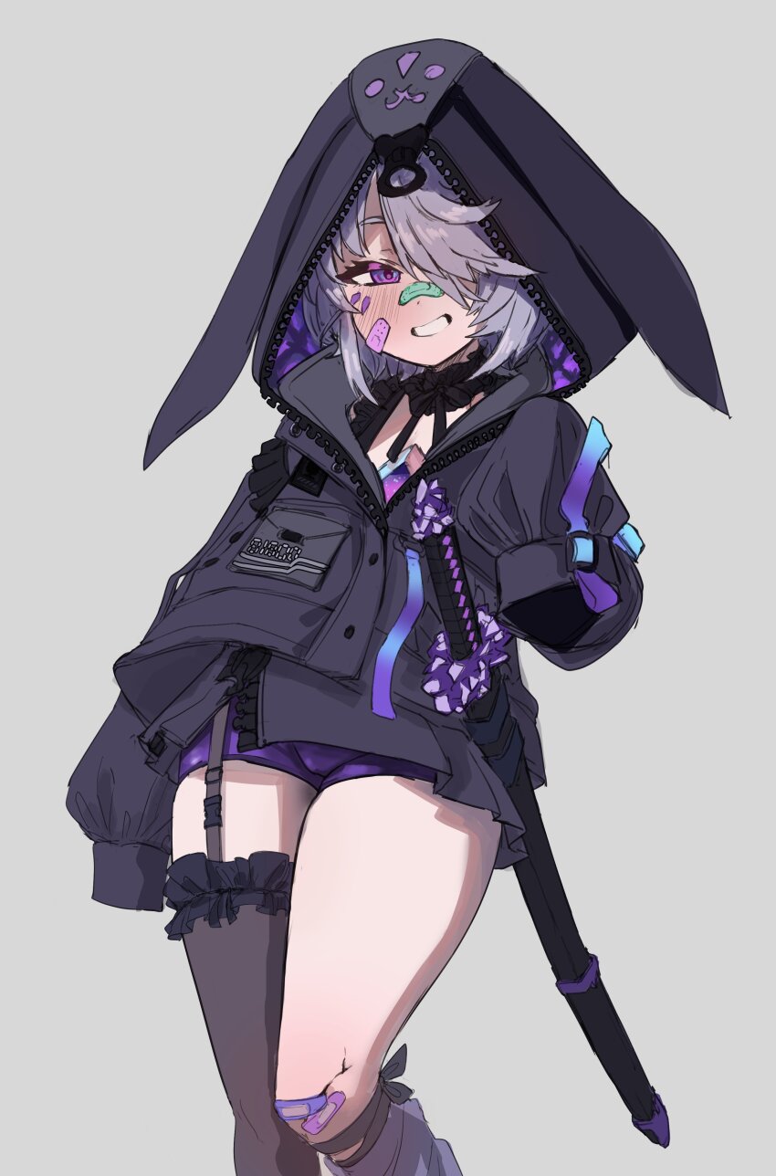 1girl, absurdres, bandaid, bandaid_on_face, bandaid_on_nose, black_jacket, black_skirt, blush