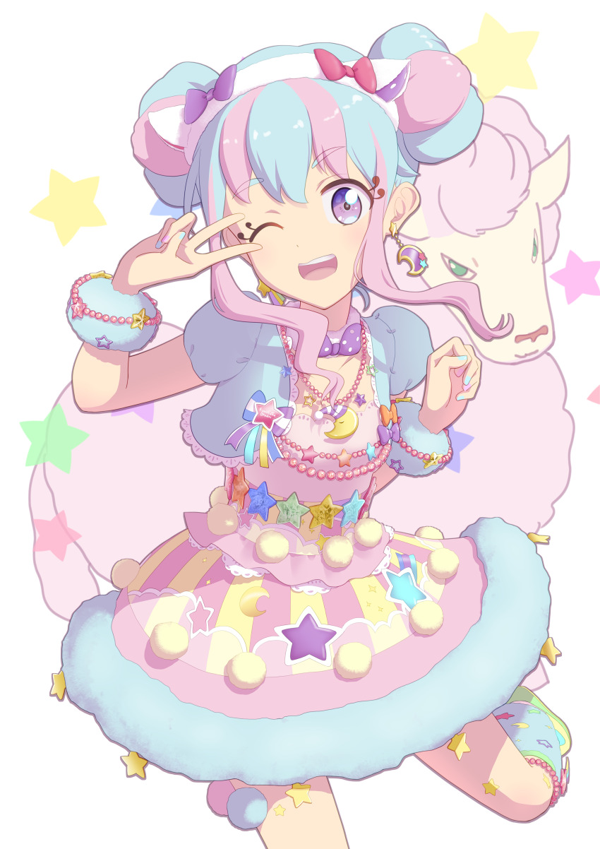 1girl, :d, absurdres, aikatsu!_(series), aikatsu_stars!, blue_hair, blue_jacket, blue_wrist_cuffs, caroline_(aikatsu!), cropped_jacket, double_bun, dress, earrings, hair_bun, hanazono_kirara, hands_up, highres, irigoma_(jikabi_baisen), jacket, jewelry, long_hair, looking_at_viewer, one_eye_closed, open_clothes, open_jacket, open_mouth, pet, pink_dress, pink_hair, purple_eyes, sheep, short_sleeves, smile, star_(symbol), teeth, upper_teeth_only, v, v_over_eye, wavy_sidelocks, white_background, wrist_cuffs