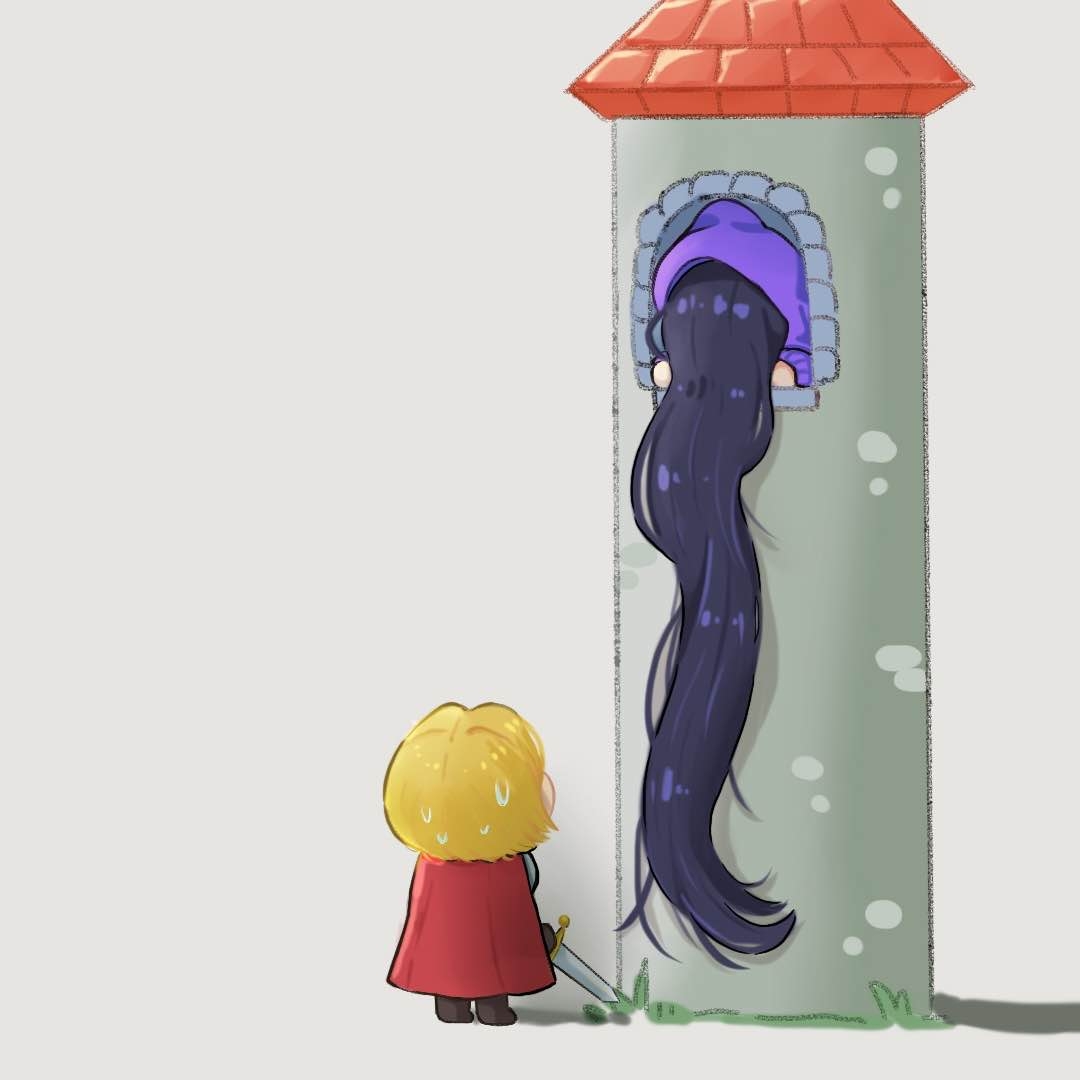 1boy, 1girl, absurdly_long_hair, blonde_hair, cape, chibi, hirose_natsuko, holding