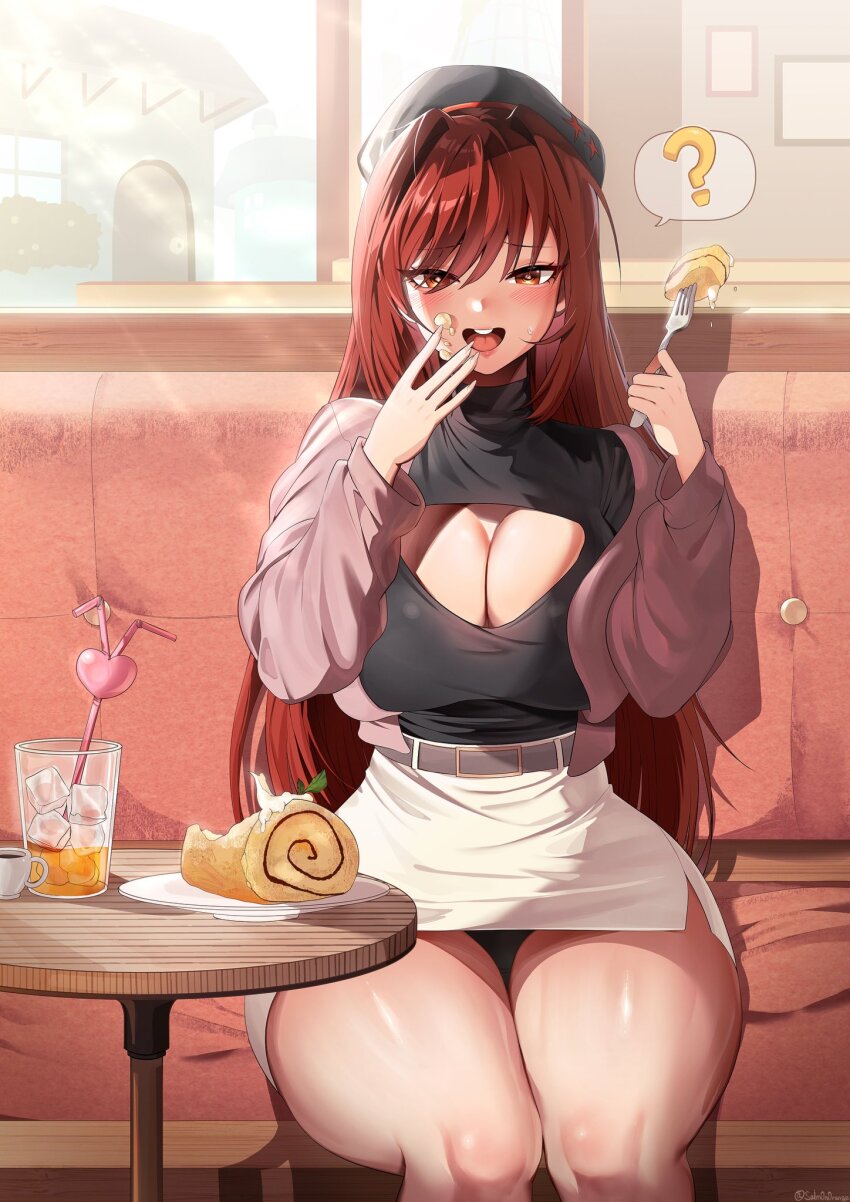 1girl, belt, beret, black_hat, black_sweater, booth_seating, breasts, building, cleavage, cleavage_cutout, clothing_cutout, commentary, commentary_request, crazy_straw, cropped_jacket, crumbs, cup, drinking_glass, drinking_straw, english_commentary, food, fork, goddess_of_victory:_nikke, hat, heart_straw, highres, holding, holding_fork, ice, ice_cube, jacket, large_breasts, long_hair, looking_at_viewer, miniskirt, open_mouth, pastry, picture_frame, pink_jacket, plate, rapi_(nikke), rapi_(red_hood)_(nikke), red_eyes, red_hair, salm0n0range, sitting, skirt, solo, sweater, table, thick_thighs, thighs, turtleneck, turtleneck_sweater, white_skirt, window