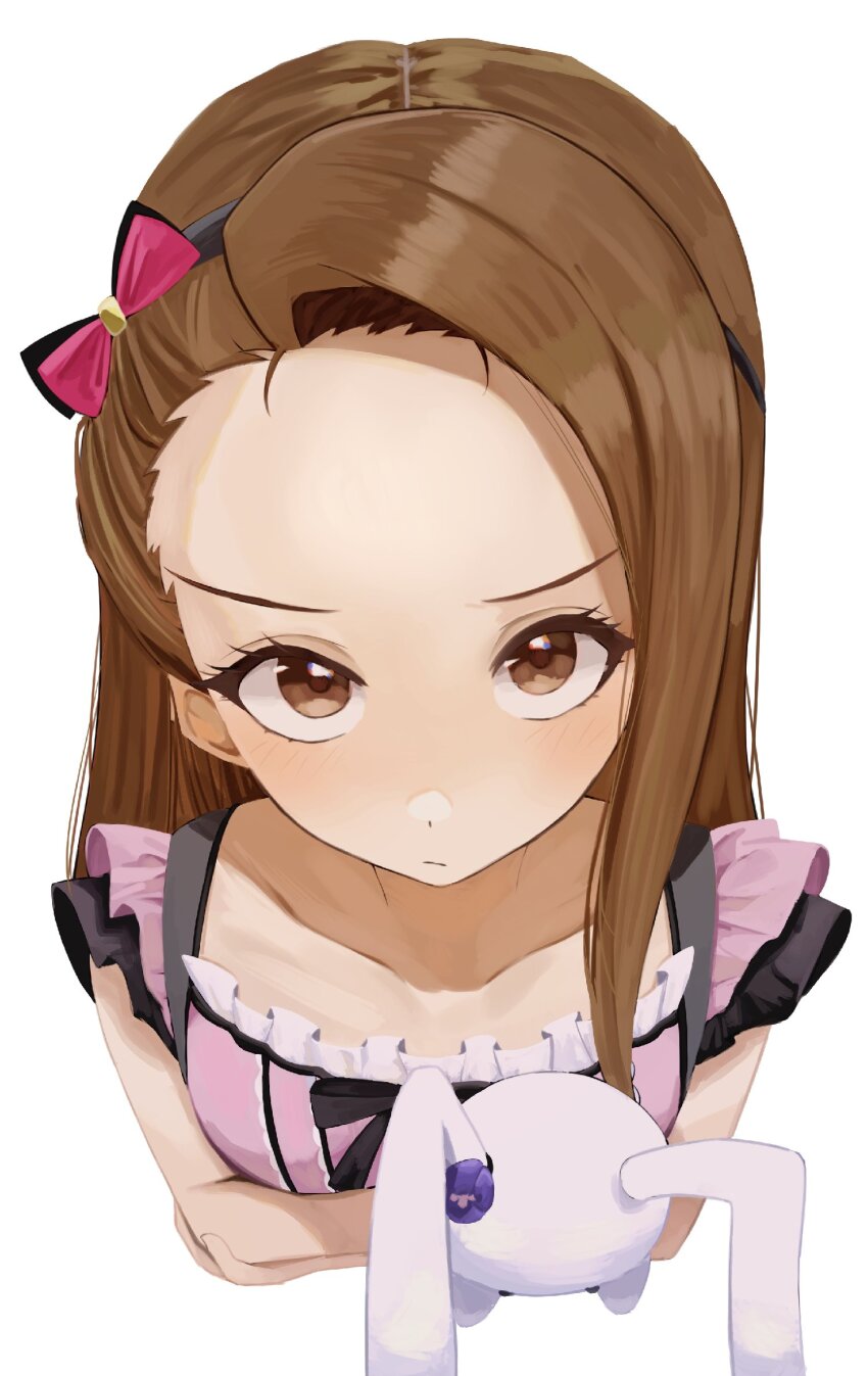 1girl, bow, brown_eyes, brown_hair, child, crossed_arms, dress, forehead, hairband, highres, idolmaster, looking_at_viewer, minase_iori, pink_bow, pink_dress, rabbit, solo, stuffed_animal, stuffed_toy, white_background, yaki_tai