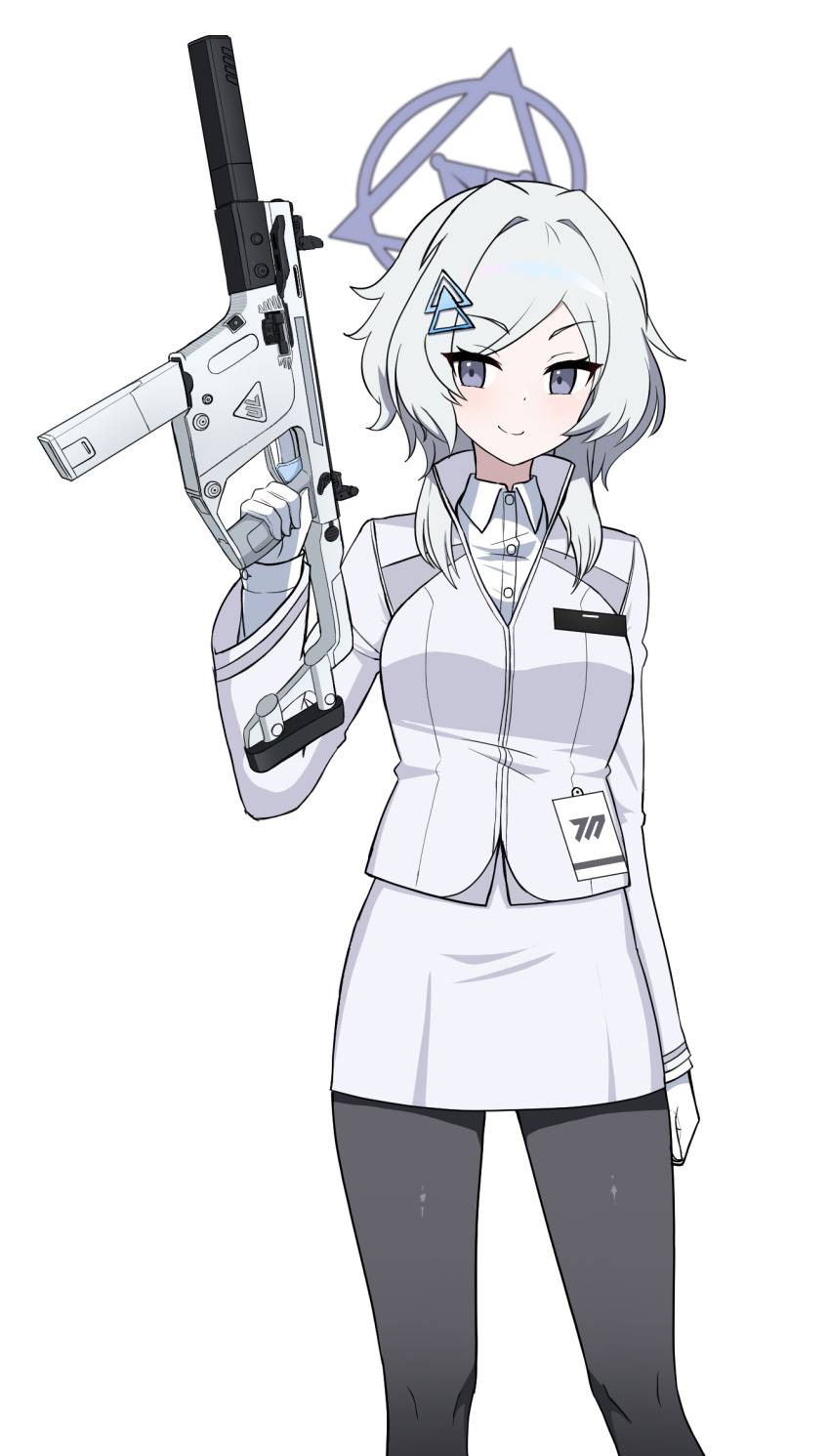 1girl, black_pantyhose, blue_archive, breasts, collared_shirt, gloves, gun, hair_ornament