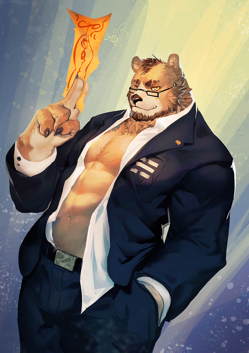 1boy, abs, animal_ears, bara, bear, bear_boy, bear_ears, belt