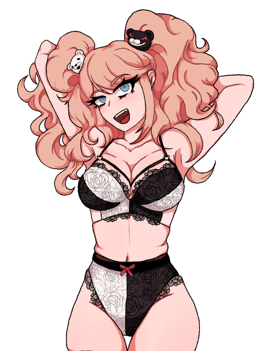 1girl, absurdres, armpits, arms_behind_back, arms_behind_head, arms_up, bear_hair_ornament, black_bra