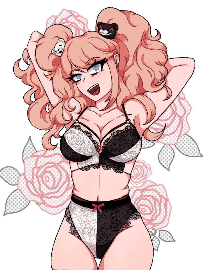 1girl, absurdres, armpits, arms_behind_back, arms_behind_head, arms_up, bear_hair_ornament, black_bra, black_lingerie, black_panties, blonde_hair, blue_eyes, bow, bra, breasts, cleavage, collarbone, danganronpa:_trigger_happy_havoc, danganronpa_(series), enoshima_junko, eyebrows, eyelashes, female_focus, flower, hair_ornament, highres, lingerie, multicolored_bra, multicolored_panties, open_mouth, panties, princescar, red_bow, rose, simple_background, solo, solo_focus, standing, teeth, tongue, twintails, underwear, upper_teeth_only, white_background, white_bra, white_lingere, white_panties
