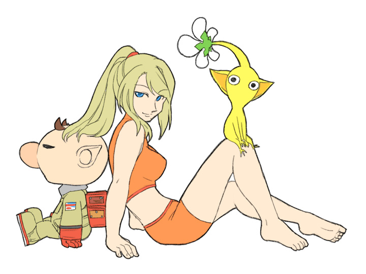 1boy, 1girl, back-to-back, backpack, bag, bare_arms, bare_legs, bare_shoulders, barefoot, large_nose, black_eyes, blonde_hair, blue_eyes, brown_hair, closed_eyes, closed_mouth, colored_skin, commentary_request, creature_on_leg, feet, flat_color, flower, from_side, full_body, gloves, hair_spread_out, hair_tie, height_difference, knee_up, lips, long_hair, metroid, metroid:_zero_mission, naru_(wish_field), nintendo, missing_headwear, no_mouth, olimar, orange_shorts, orange_sports_bra, patch, pikmin_(creature), pikmin_(series), pointy_ears, ponytail, red_bag, red_gloves, samus_aran, short_hair, short_shorts, shorts, simple_background, sitting, smile, spacesuit, sports_bra, stomach, super_smash_bros., toes, very_short_hair, white_background, white_flower, yellow_pikmin, yellow_skin