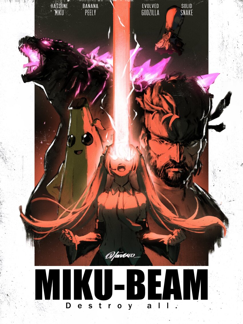 1girl, 3boys, absurdres, banana_peel, beard, character_name, crossover, detached_sleeves