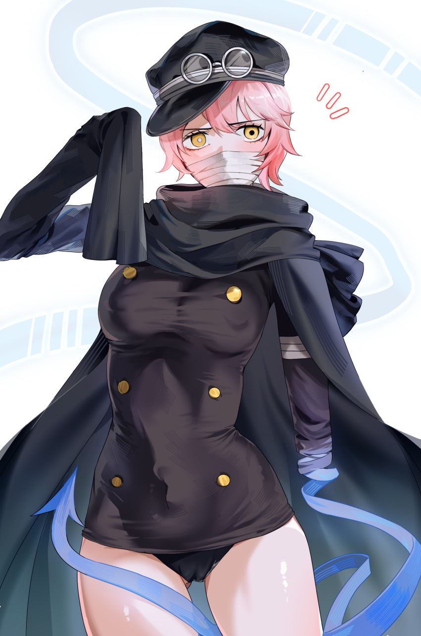 1girl, absurdres, alternate_hair_color, arrow_(symbol), arrow_background, artist_request, bandages, bandages_over_mouth, black_cape, black_jacket, black_panties, breasts, cameltoe, cape, cowboy_shot, female_focus, goggles, goggles_on_headwear, gunko, hat, heterochromia, highres, jacket, looking_at_viewer, medium_breasts, mismatched_pupils, nakajima_(user111860274), no_pants, notice_lines, one_piece, panties, pink_hair, short_hair, sleeves_past_fingers, sleeves_past_wrists, solo, spoilers, thighs, tight_clothes, underwear, yellow_eyes