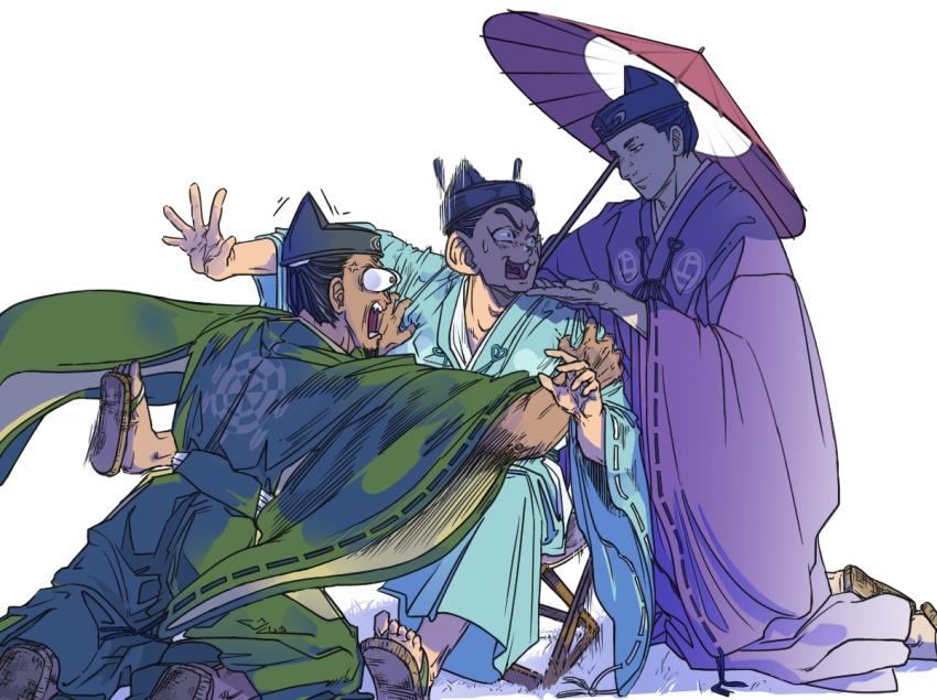 3boys, anger_vein, bulging_eyes, facial_hair, goatee, grabbing_another's_arm, ichikawa_sukefusa, japanese_clothes