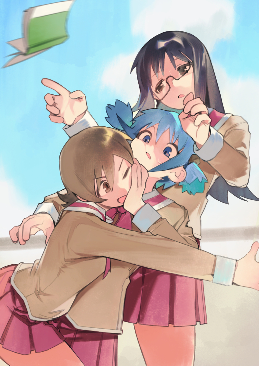 3girls, :d, absurdres, aioi_yuuko, black_hair, blue_eyes, blue_hair, blue_sky