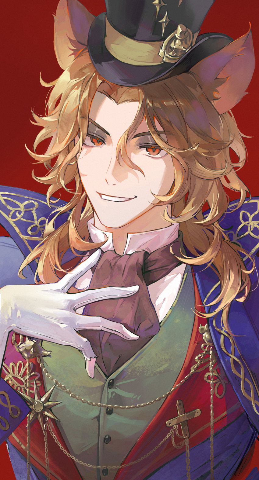 1boy, absurdres, animal_ears, black_hat, black_neckerchief, blue_jacket, brooch, brown_hair