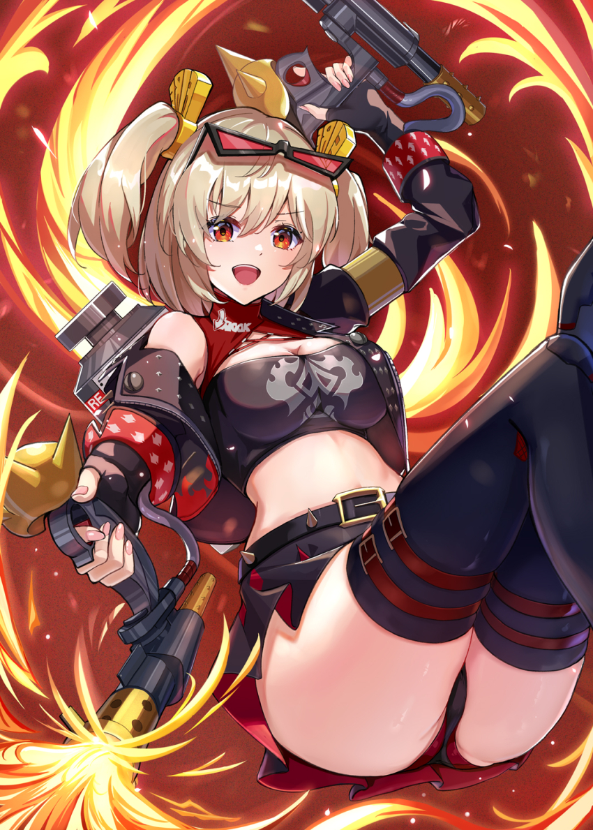 1girl, 310setsu, belt, belt_buckle, black_belt, black_gloves, black_jacket, black_panties, black_skirt, black_thighhighs, blonde_hair, breasts, buckle, burnice_white, cleavage, cleavage_cutout, clothing_cutout, commentary_request, crop_top, cropped_jacket, dual_wielding, eyewear_on_head, feet_out_of_frame, finger_on_trigger, fingerless_gloves, fire, flame_print, flamethrower, floating, gloves, hair_between_eyes, hair_ornament, highres, holding, holding_flamethrower, holding_weapon, jacket, large_breasts, long_sleeves, looking_at_viewer, medium_hair, midriff, open_clothes, open_jacket, open_mouth, panties, pantyshot, pleated_skirt, red-tinted_eyewear, red_eyes, single_bare_shoulder, skirt, smile, solo, sunglasses, teeth, thigh_belt, thigh_strap, thighhighs, tinted_eyewear, twintails, underwear, upper_teeth_only, weapon, zenless_zone_zero