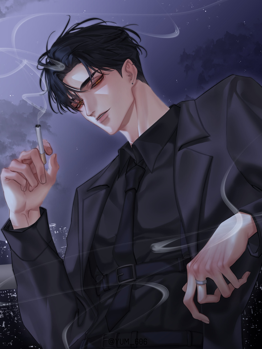 1boy, absurdres, against_railing, arm_up, belt, black_belt, black_hair, black_jacket, black_necktie, black_shirt, cigarette, city_lights, ear_piercing, hair_between_eyes, highres, holding, holding_cigarette, jacket, jewelry, long_sleeves, looking_at_viewer, loose_hair_strand, necktie, night, orange_eyes, original, parted_bangs, piercing, railing, ring, shirt, short_hair, sky, smoke, smoke_trail, solo, yum_606