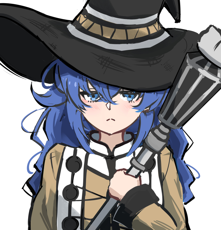 1girl, :<, absurdres, black_hat, blue_eyes, blue_hair, blush, breasts