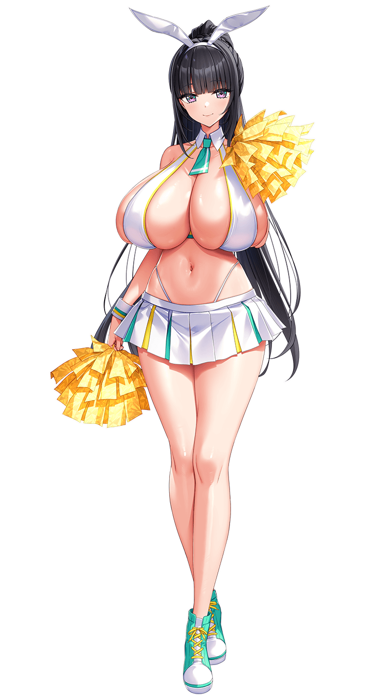 1girl, animal_ears, black_hair, breasts, cheerleader, chichizaki_momina, closed_mouth, crop_top