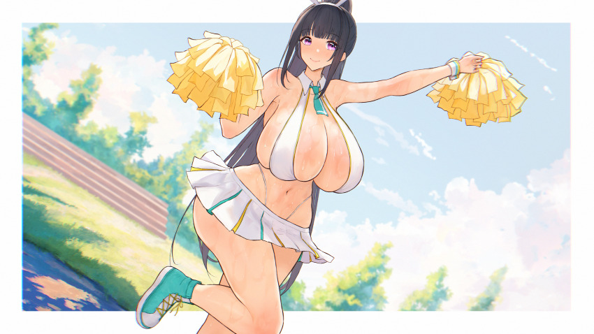1girl, absurdres, animal_ears, black_hair, blue_eyes, bouncing_breasts, breasts, cheering