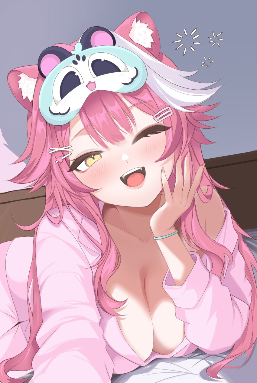 1girl, absurdres, animal_ears, blush, breasts, character_mask, cleavage, collarbone