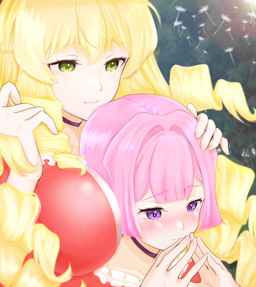 2girls, akuyaku_reijou_tensei_ojisan, anna_doll, between_breasts, blonde_hair, blush, breasts, choker