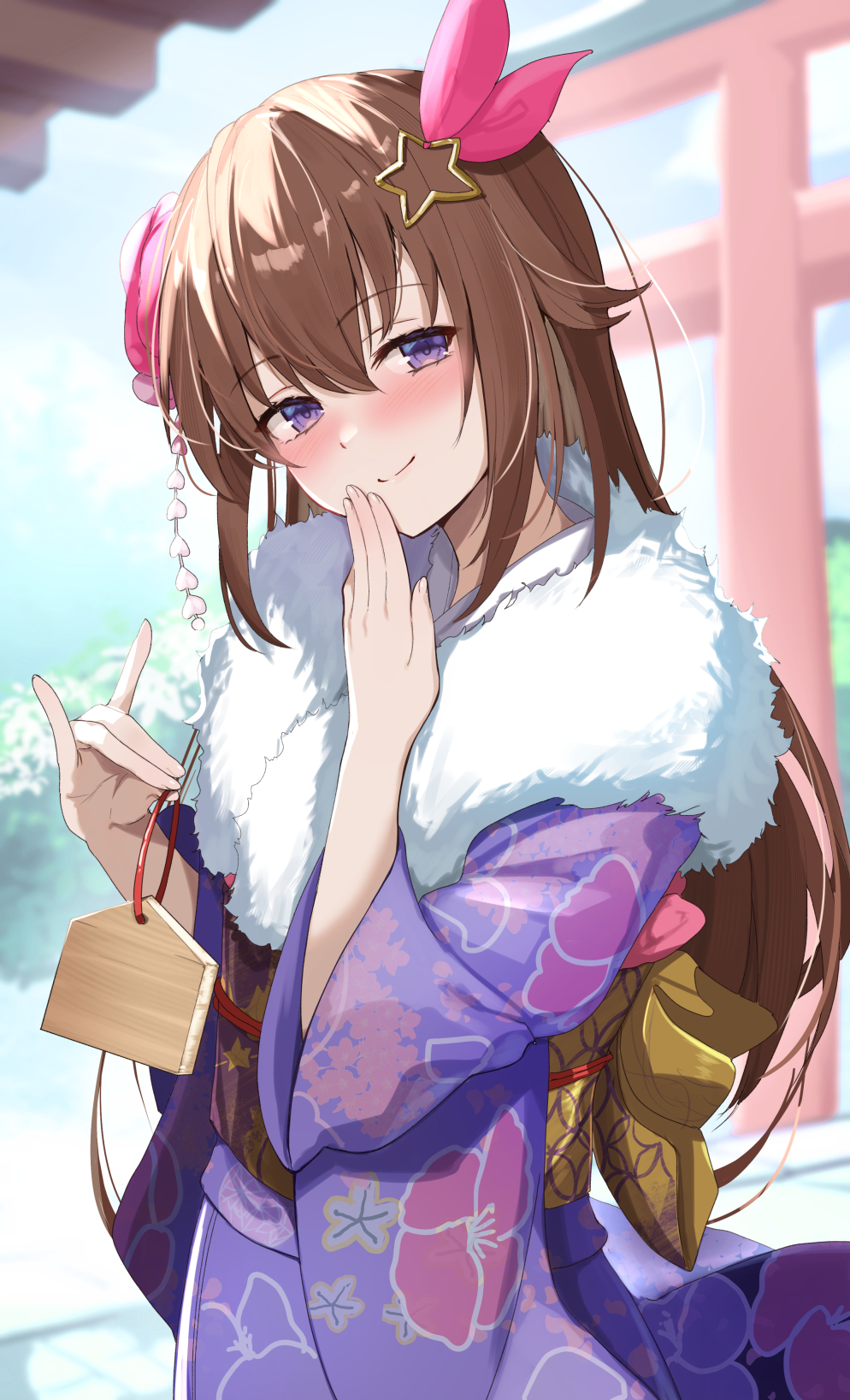1girl, blue_eyes, blue_kimono, blurry, blurry_background, blush, brown_hair, closed_mouth, commentary, day, ema, floral_print, floral_print_kimono, flower, fox_shadow_puppet, fur_collar, furisode, hair_flaps, hair_flower, hair_ornament, hair_ribbon, hands_up, highres, holding, holding_ema, hololive, japanese_clothes, kanzashi, kimono, long_hair, looking_at_viewer, obi, official_alternate_costume, outdoors, print_kimono, red_ribbon, ribbon, sash, smile, solo, star_(symbol), star_hair_ornament, tokino_sora, tokino_sora_(new_year), torii, virtual_youtuber, wide_sleeves, yuuzuki_(re'ef)
