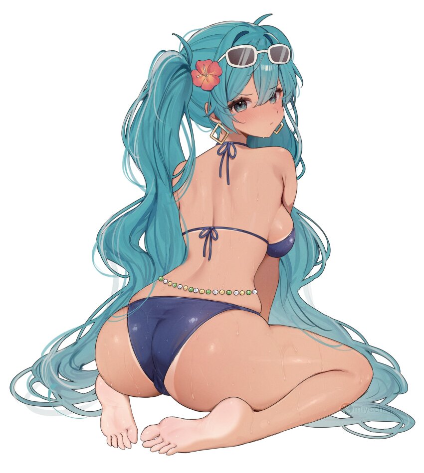 1girl, aqua_eyes, aqua_hair, ass, backboob, barefoot, bikini, blue_bikini, blush, brazilian_miku, breasts, closed_mouth, commentary, dark-skinned_female, dark_skin, double-parted_bangs, earrings, eyewear_on_head, feet, flower, from_behind, full_body, hair_between_eyes, hair_flower, hair_ornament, halterneck, hatsune_miku, highres, jewelry, legs, light-skinned_soles, long_hair, looking_at_viewer, looking_back, median_furrow, medium_breasts, miyuchiq, pale_soles, simple_background, sitting, soles, solo, string_bikini, sunglasses, swimsuit, tanline_peek, toes, twintails, v-shaped_eyebrows, very_long_hair, vocaloid, wet, white_background