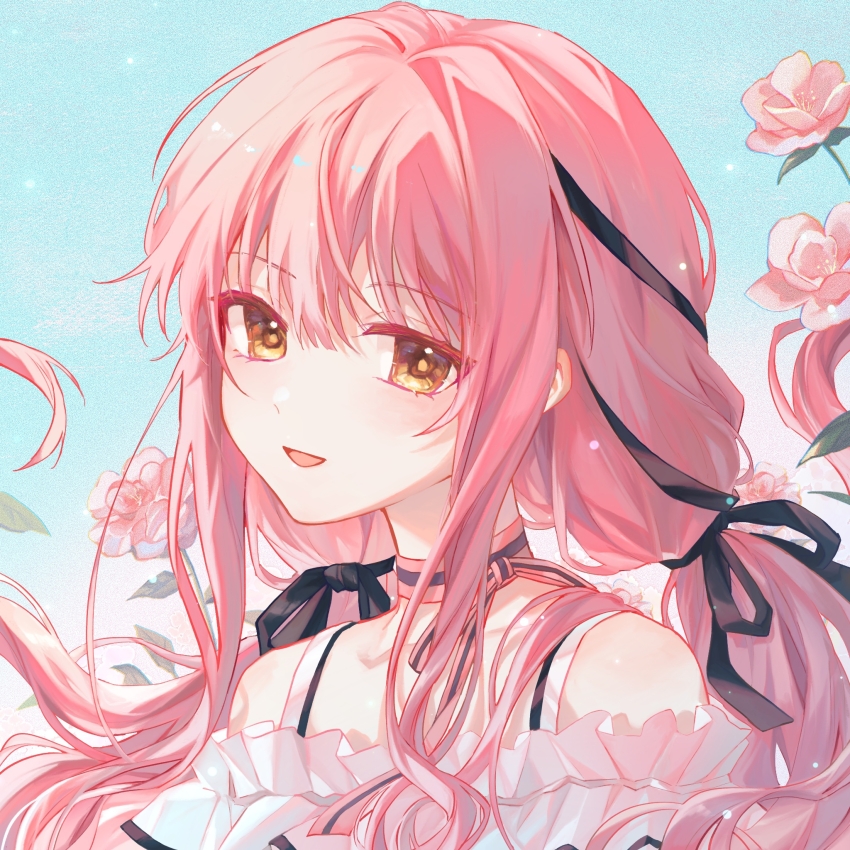 1girl, bare_shoulders, black_ribbon, blue_sky, bow, bow_choker, bowtie, brown_eyes