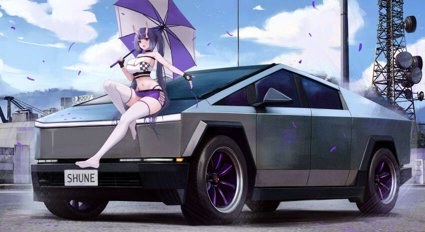 1girl, absurdres, bandeau, bare_shoulders, black_gloves, black_panties, blue_sky, breasts, car, commission, english_text, fingerless_gloves, gloves, highleg, highleg_panties, highres, holding, holding_umbrella, horns, kcar66t, mole, motor_vehicle, no_shoes, oni, original, outdoors, outstretched_arm, panties, pickup_truck, pixiv_commission, purple_hair, purple_skirt, race_queen, red_eyes, skin-covered_horns, skirt, sky, solo, strapless, tesla_cybertruck, thighhighs, truck, tube_top, twintails, umbrella, underwear, vehicle_focus, white_bandeau, white_thighhighs