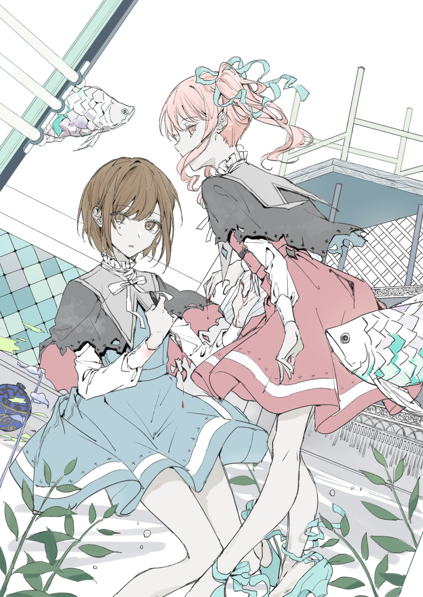 1girl, 1other, absurdres, akiyama_mizuki, bare_legs, black_capelet, blue_dress, blue_footwear