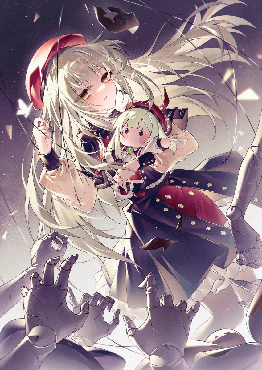 1girl, absurdres, bang_dream!, bang_dream!_it's_mygo!!!!!, beret, black_capelet, capelet, cowboy_shot, crack, disembodied_hand, doll, doll_joints, floating_hair, green_hair, hat, highres, holding, holding_doll, joints, long_hair, long_sleeves, looking_at_viewer, mask, mortis_(bang_dream!), mortis_(costume)_(bang_dream!), puppet_strings, reaching, reaching_towards_another, red_hat, red_shorts, shenju_bing_hui, shorts, standing, too_many_hands, unworn_mask, wakaba_mutsumi, wakaba_mutsumi_(doll), yellow_eyes