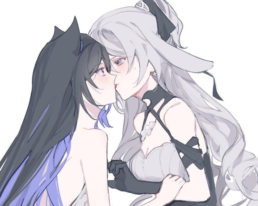 2girls, animal_ears, bare_shoulders, black_gloves, black_hair, blue_eyes, breasts, bronya_rand