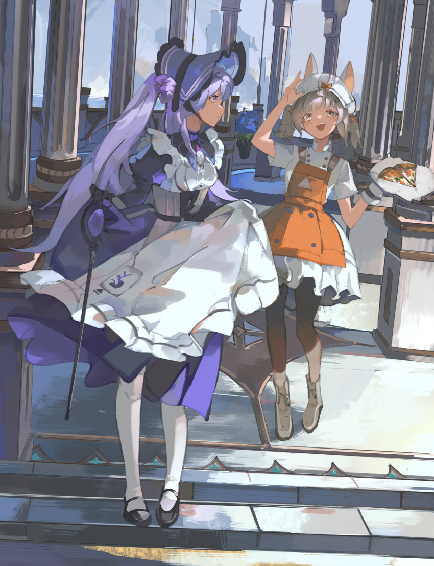 2girls, :d, absurdres, apron, black_footwear, black_pantyhose, bonnet, breasts