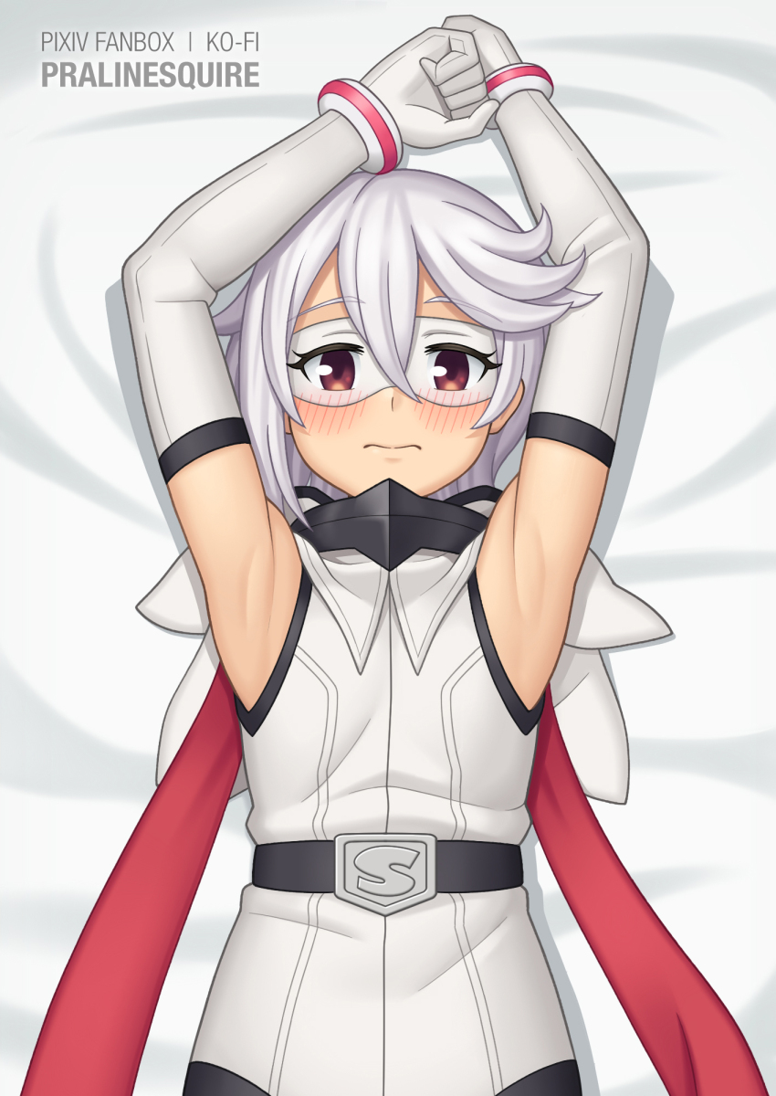 1girl, armpits, blush, dakimakura_(medium), elbow_gloves, eye_mask, gloves, heart-shift_bracelets