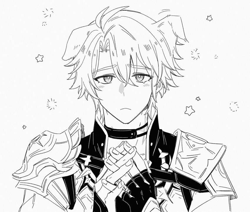 1boy, animal_ears, armor, belt_collar, body_markings, choker, collar, collared_coat